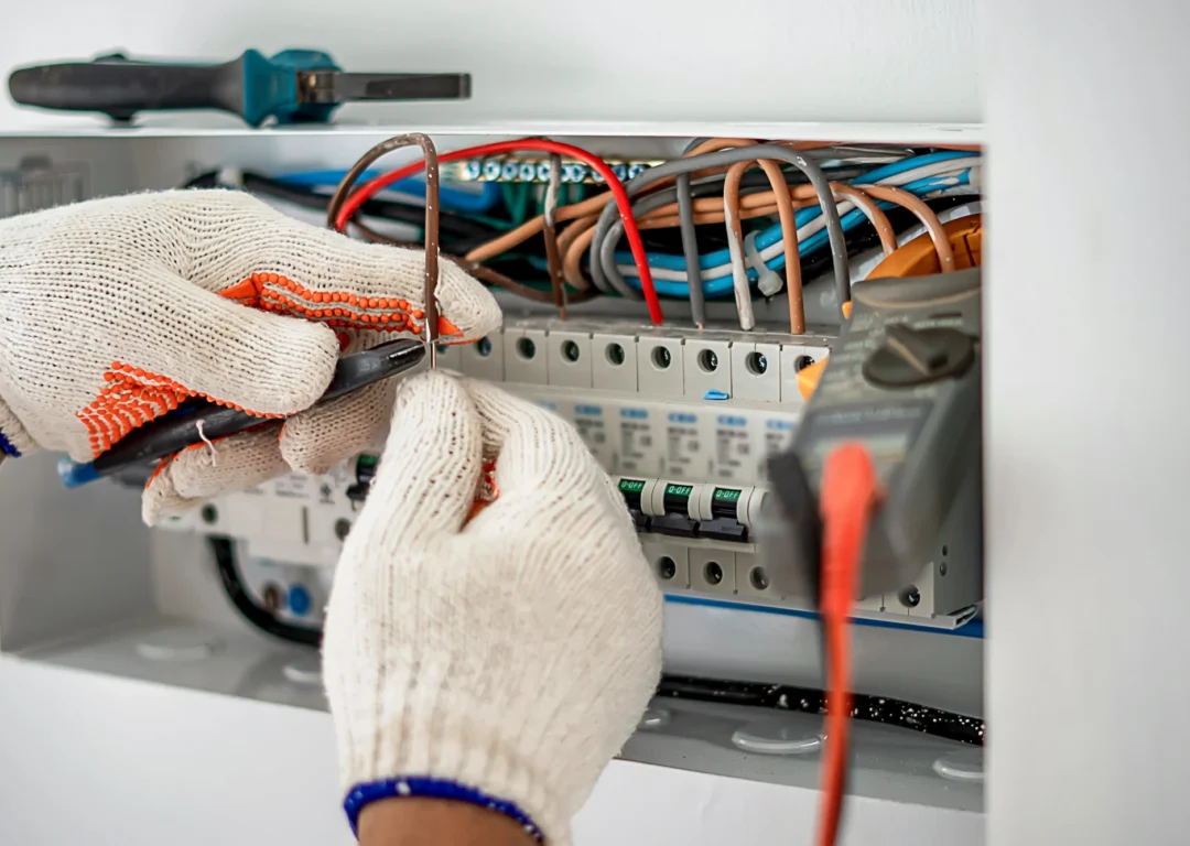 A pair of gloved hands wiring a home electrical control panel.
