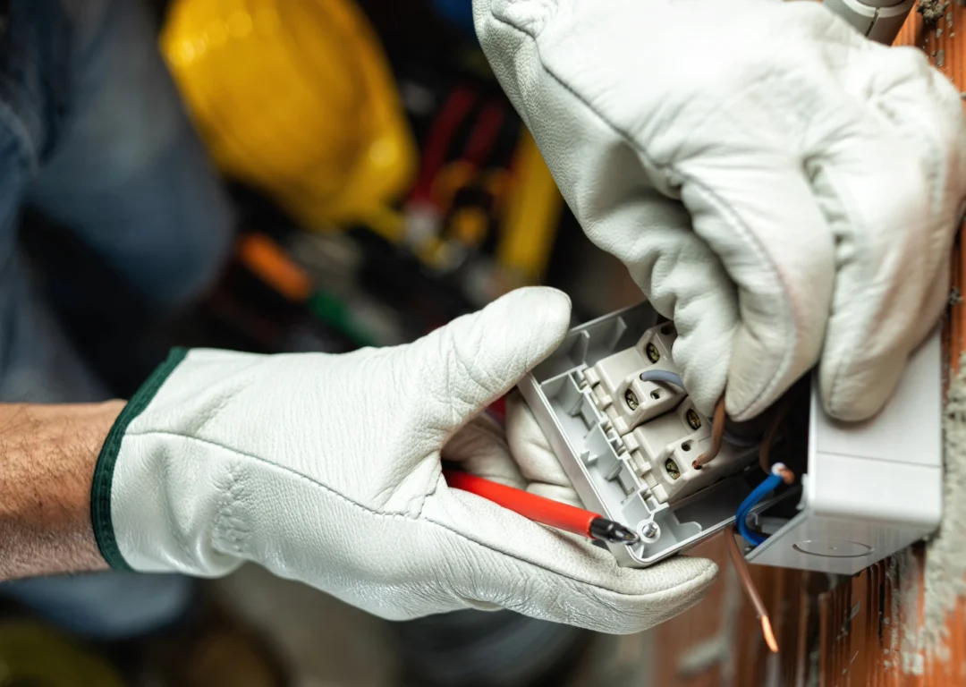 Electrician inserts the electrical cable into the clamp of a circuit breaker of a residential electrical system.