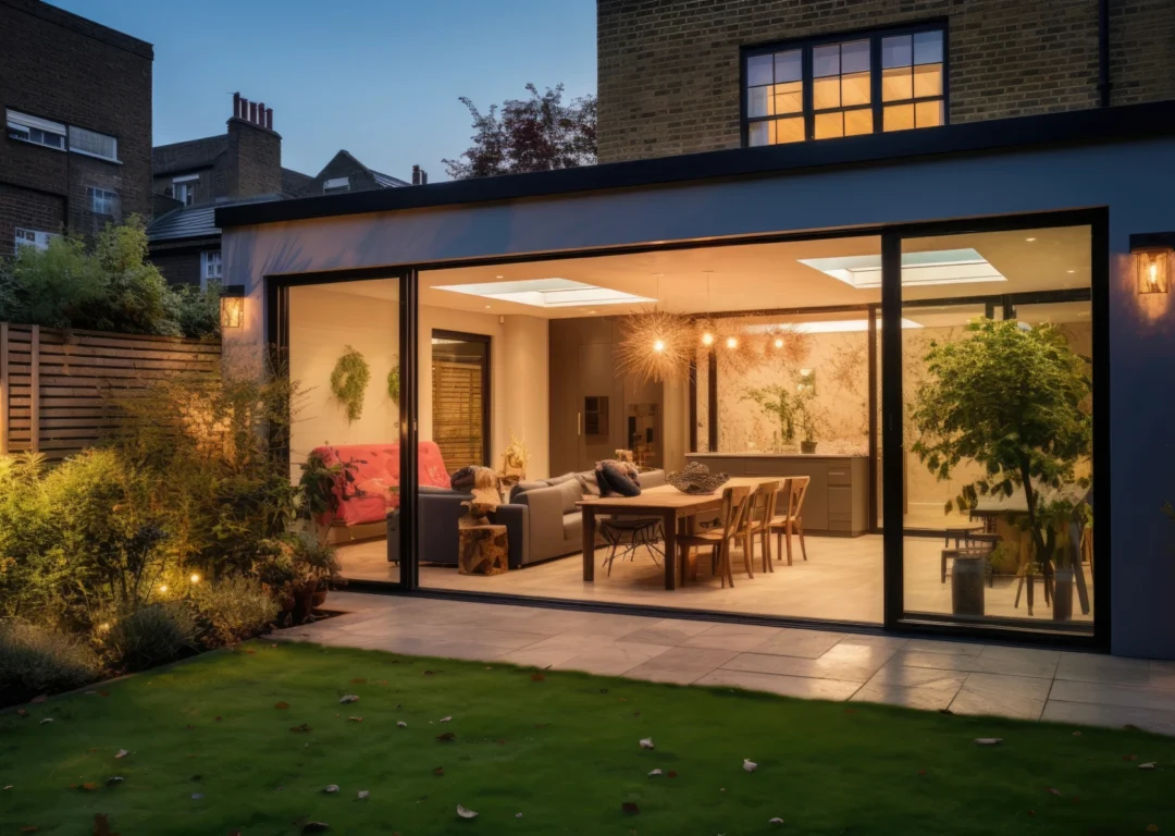A large extension on a house with a glass front facing the back garden.